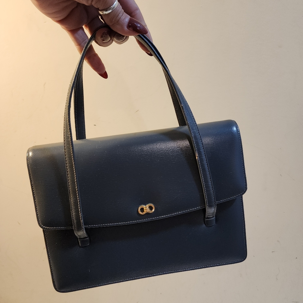 Vintage Classic Gray  Leather Top-Handle Bag with Gold Accent